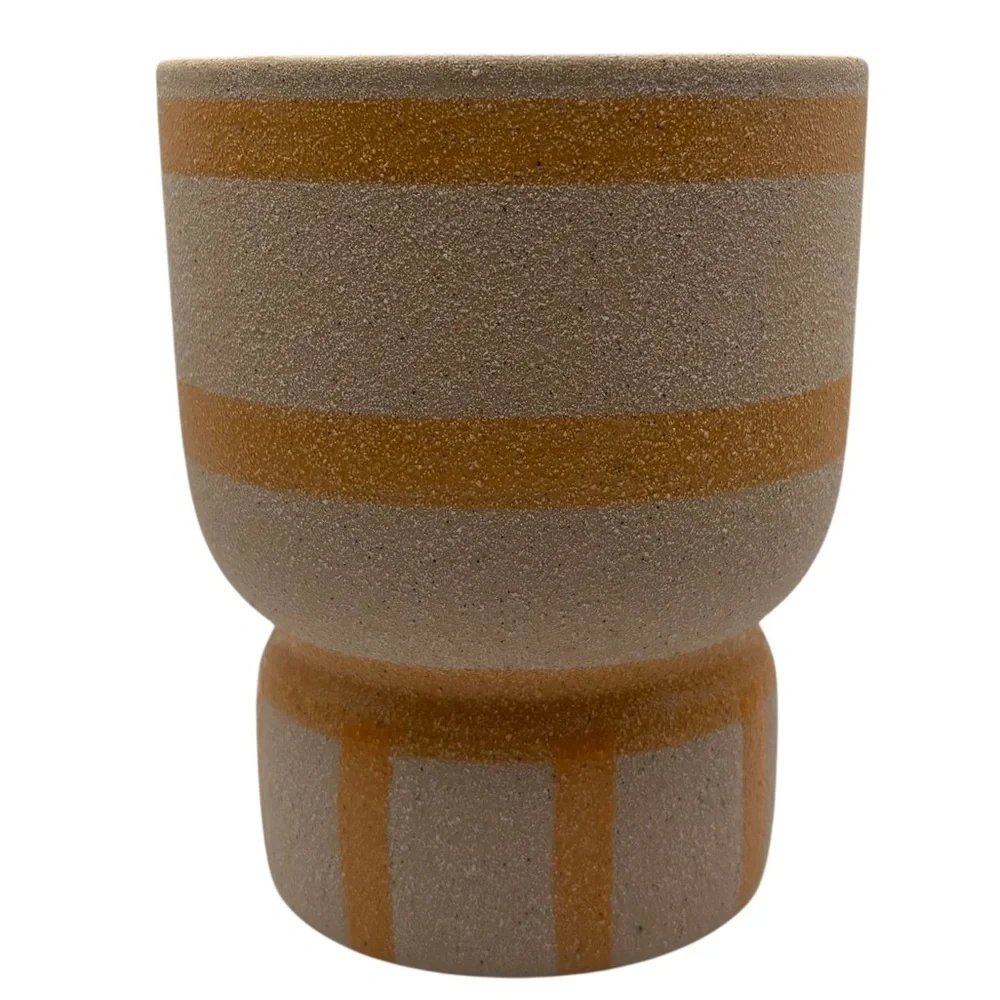 Stoneware Textured Pedestal Planter Pot Vase Orange & Beige Tan Stripes Neutral